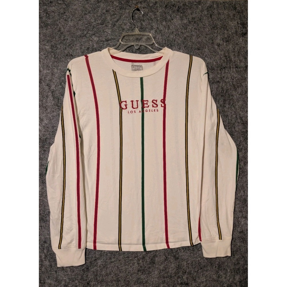Guess Long Sleeve Shirt Men S White Vertical Stripe Embroidered M91P90R4413